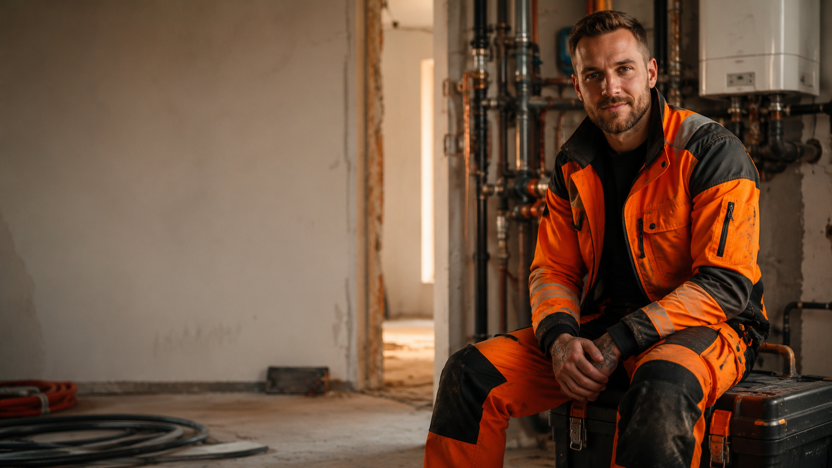 Handwerker in industrieller Umgebung als HOCHRUNTER Hero-Motiv